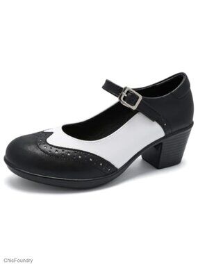 Vintage Mary Jane Block Heel Pumps Faux Leather Oxford Brogue